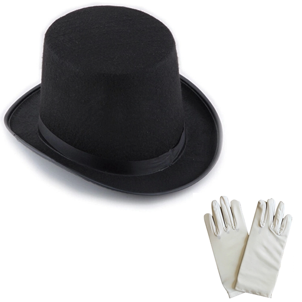 Siyah Sihirbaz Fötr Şapka 15 Cm - 1 Çift Beyaz Sihirbaz Eldiveni - Yetişkin Boy - Image 1