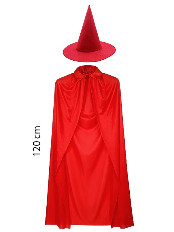 Yetişkin Boy 120 Cm Kırmızı Yakalı Pelerin Ve Kırmızı Cadı Şapkası - Image 1