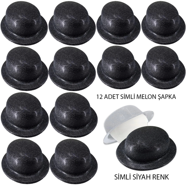 Siyah Renk Simli Melon Yulak Parti Şapkası 12 Adet - Image 1