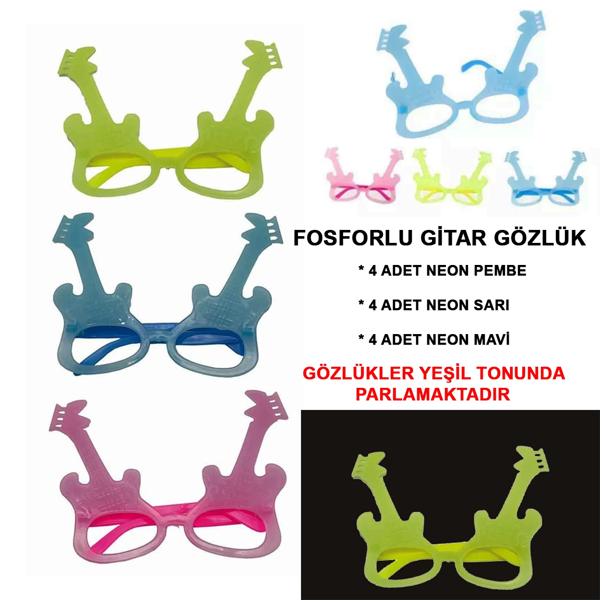 Fosforlu Gitar Model Glow Parti Gözlüğü Karanlıkta Yanan Gözlükler 12 Adet - Image 1