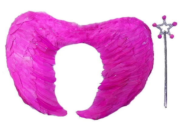 Gerçek Tüylü Katlanabilir Çocuk Pembe Melek Kanadı Ve Asa Seti 40x55 Cm - Image 1