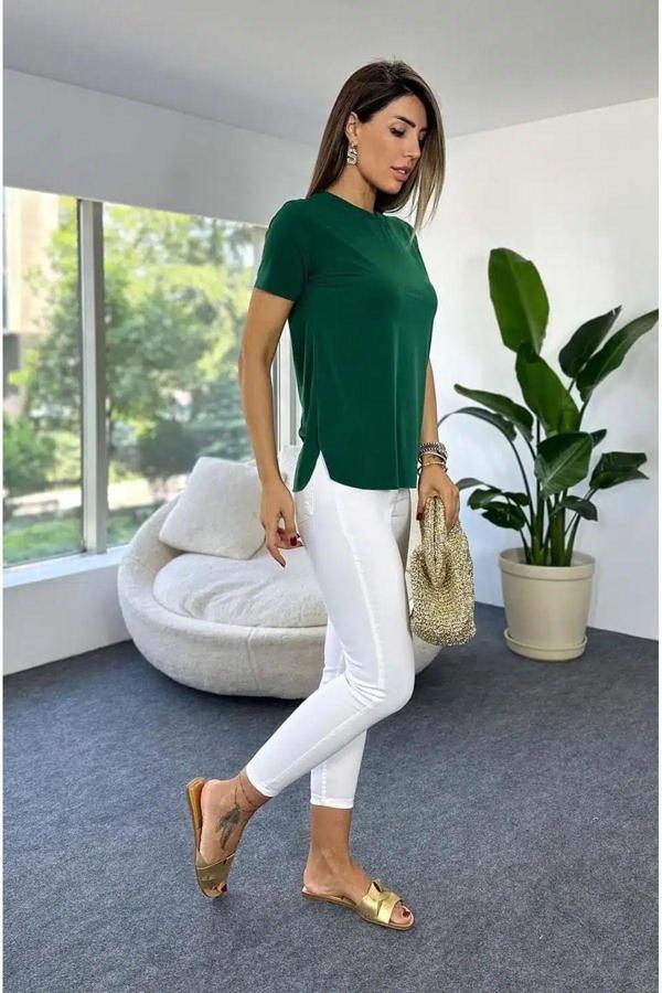 Betül Aksu Butik Ultra Lüx Kalite Likralı Lazer Kesim Detay Kadın Tişört Zümrüt - Image 1