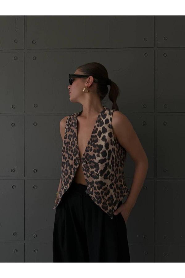 Betül Aksu Butik Leopar Desen Keten Yelek - Image 1