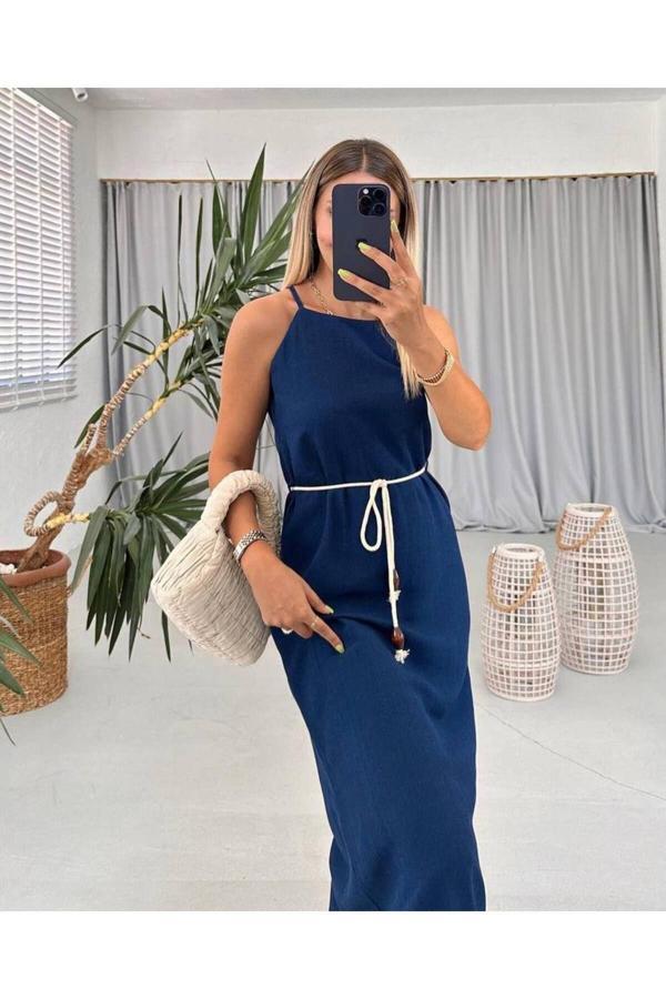 Betül Aksu Butik Ham Keten Hasır Kemer Detay Lacivert Elbise - Image 1