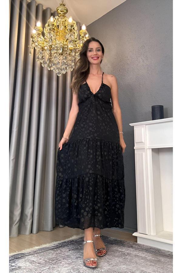 Betül Aksu Butik Siyah Simli Şifon Elbise - Image 1