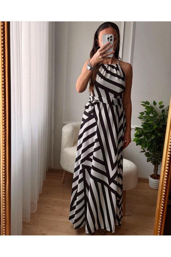 Betül Aksu Butik Ayarlanabilir Askılı Geometrik Desen Kuşaklı Süprem Elbise - Image 1