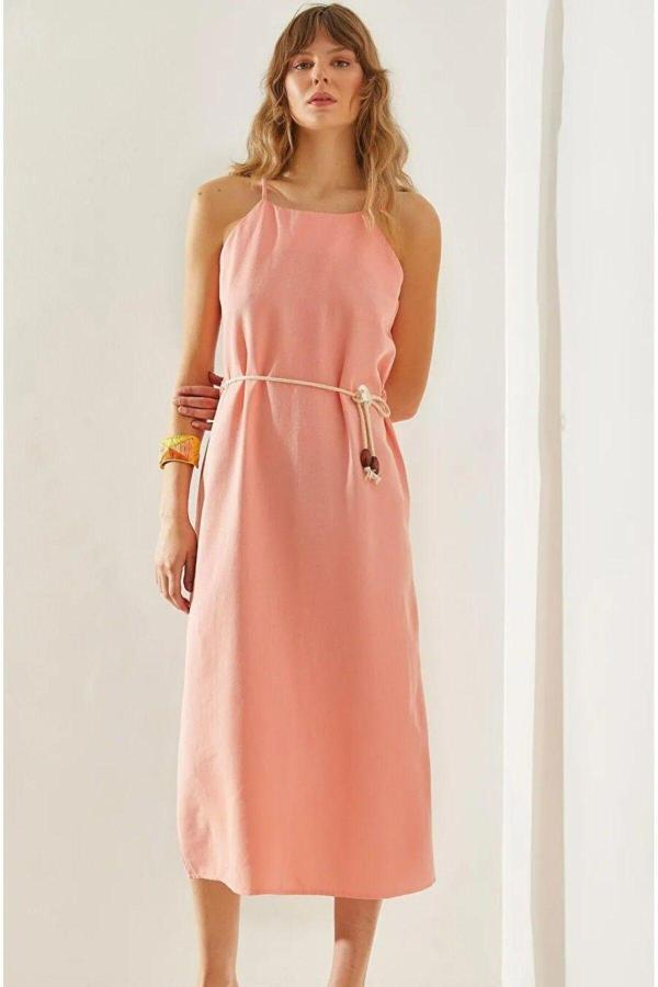 Betül Aksu Butik Hasır Kemer Detay Elbise Somon - Image 1