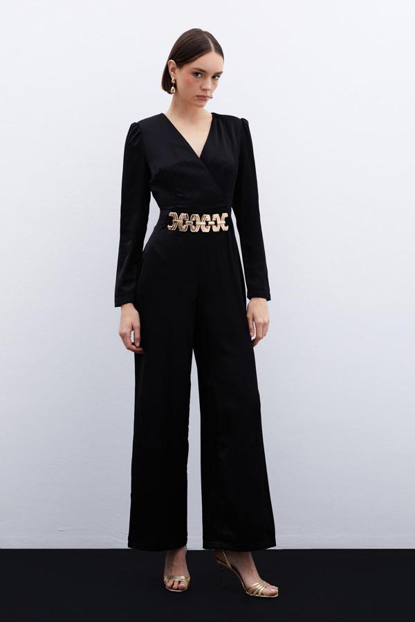 Birleşik Kemerli Saten Tulum - Siyah - Image 1