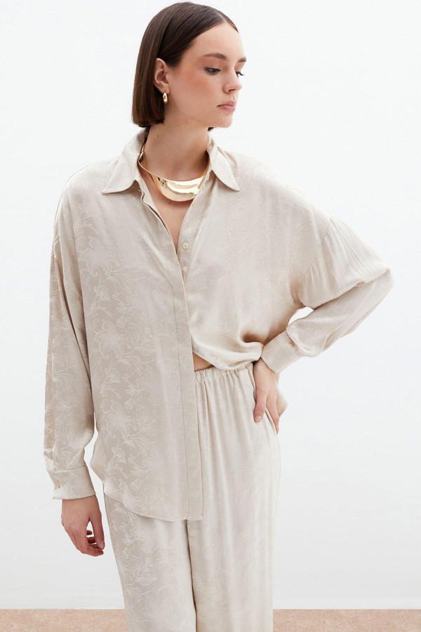 Jakarlı Saten Gömlek - Bej - Image 1