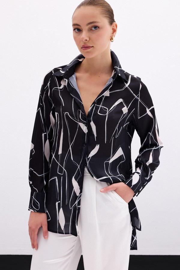 Yırtmaç Detaylı Gömlek - Siyah - Image 1