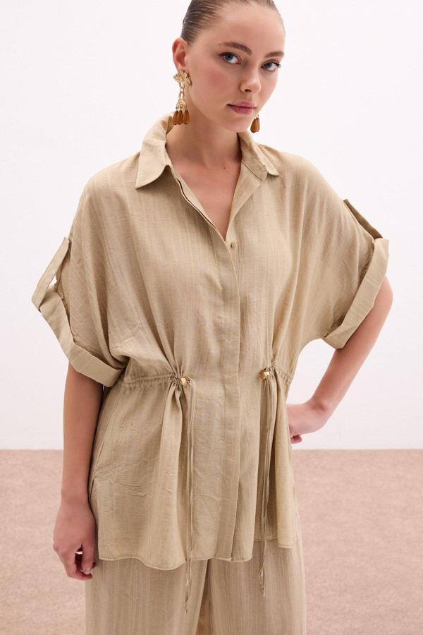 Bel Büzgü Detaylı Gömlek - Haki - Image 1