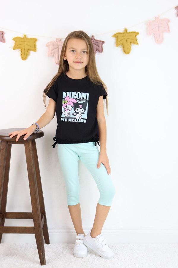 Kız Çocuk Kuromi My Melody Takım Siyah Tişört Mint Tayt 2'li Takım Kombin - Image 1