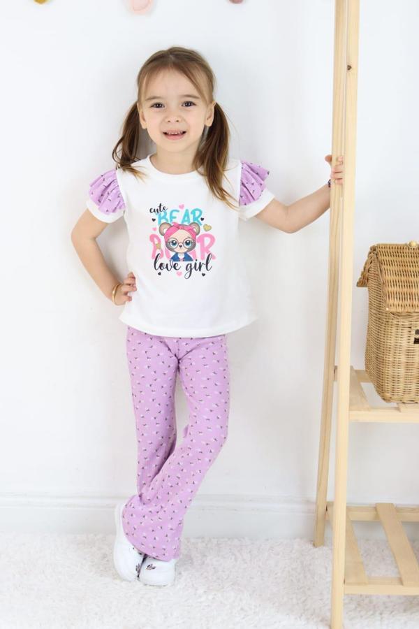 Kız Çocuk İkili Takım Lila Renk Şık Baskılı Tişört ve Desenli Pantolon Günlük Giyim - Image 1