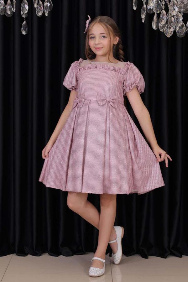 Kız Çocuk Kare Yaka Şeffaf Tüllü Omuzları Fırfırlı Beli Fiyonk Detaylı Üzeri Simli Pembe Abiye - Image 1