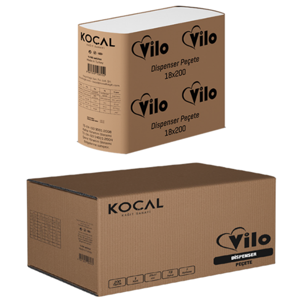 Vilo Dispenser Peçete 18x200 – 1 Katlı, 17x21 cm, Beyaz, 18 Paket (Toplam 3600 Yaprak) - Image 1