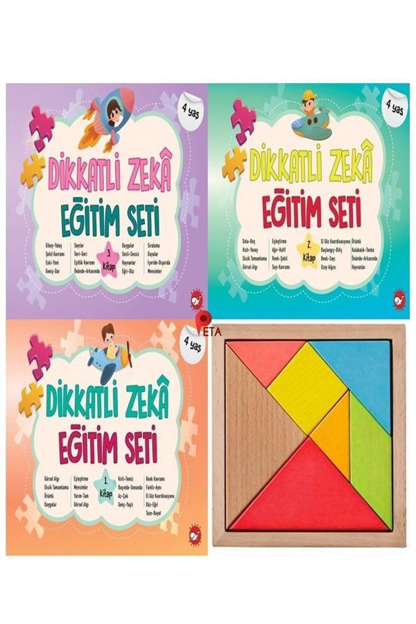 4 Yaş Dikkatli Zeka Eğitim Seti 3 Kitap (Dikkat, Görsel Algı, Eşleştirme, Örüntü) + Tangram Hediye - Beyaz Balina Yayınları - Image 1