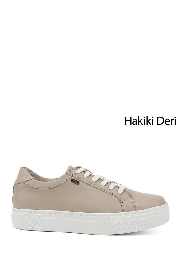 Kadın Bej Bağcıklı Dolgu Taban Hakiki Deri Sneaker - Image 1