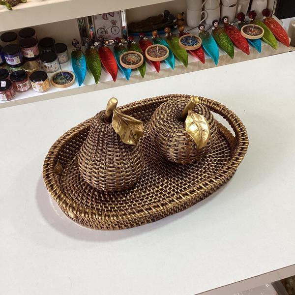 Hasır Görünümlü Polyester Elma Armut Tepsi Set Gold Renk - Image 1