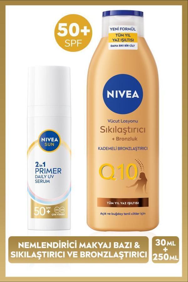 SUN SPF50 Güneş Koruyucu Nemlendirici Makyaj Bazı 30ml ve Sıkılaştırıcı Bronzluk Vücut Losyonu 250ml - Image 1