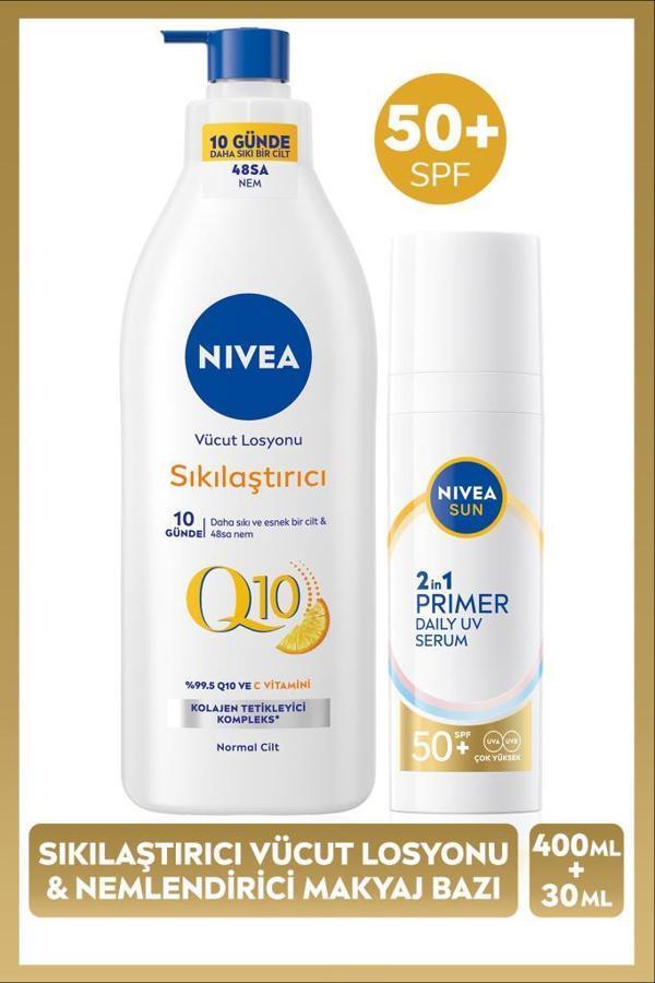 SUN SPF50 Güneş Koruyucu Nemlendirici Primer Makyaj Bazı 30ml ve Q10 Sıkılaştırıcı Vücut Losyon400ml - Image 1
