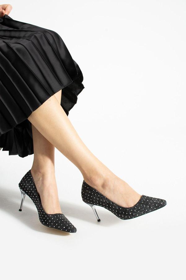 Güllü Shoes Siyah Kot Taşlı 7 Cm Vegan Deri Topuklu Ayakkabı | Rahat, Şık, Günlük Ve Özel Gün Kadın Ayakkabısı - Image 1