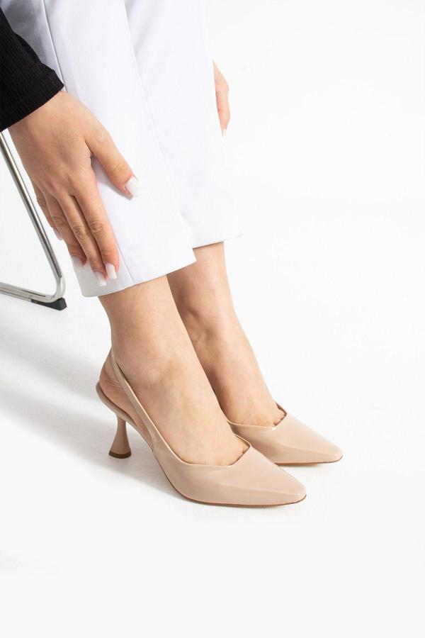 Güllü Shoes Bej Rugan Slingback İnce Topuklu Ayakkabı Kadın Sivri Burun Şık Günlük Ofis Abiye Model - Image 1