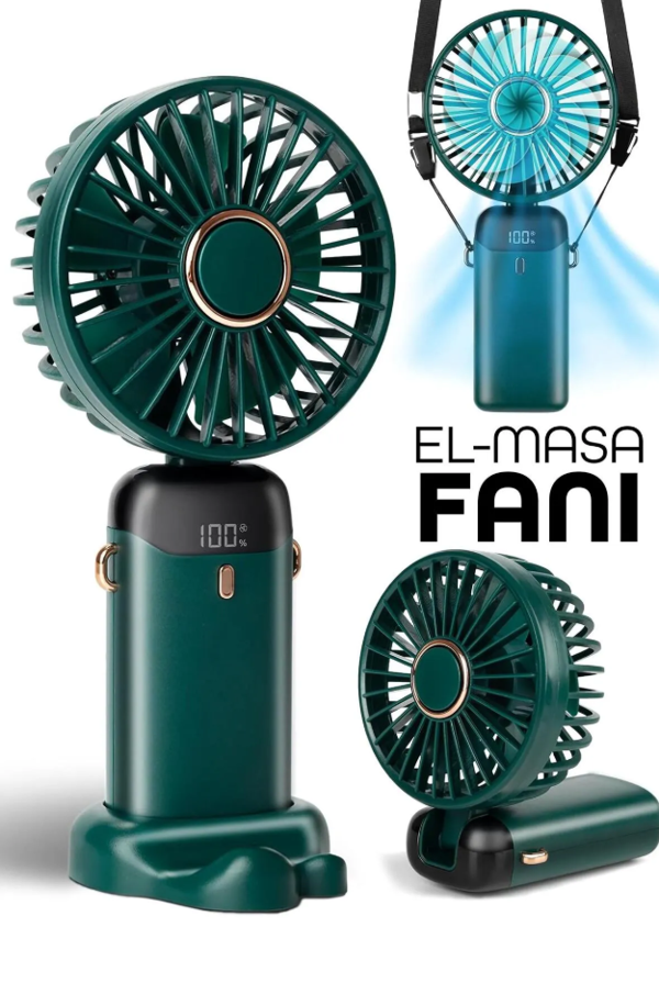 LCD Ekranlı Şarjlı El Fanı Mini Vantilatör 5 Kademe Sessiz Boyun Askılı Yeşil Fan - Image 1