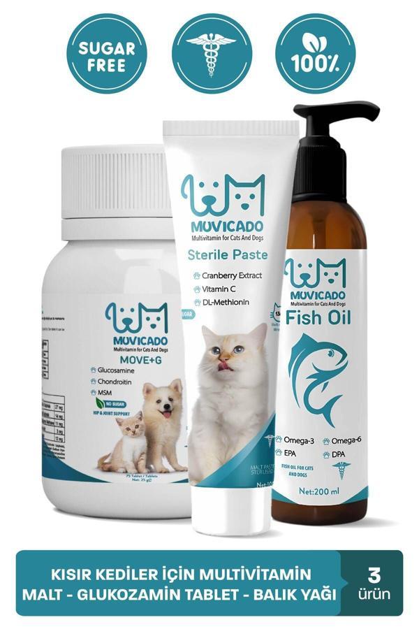 Muvicado Kısır Kedi Eklem Sağlığı Destekleyici Takviye Seti Glukozamin Tablet Multivitaminli Malt Balık Yağı - Image 1
