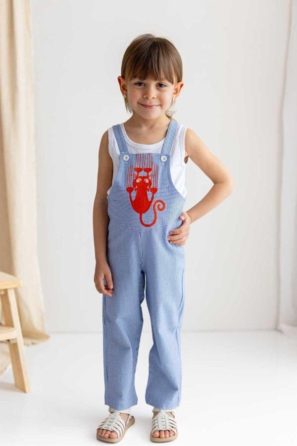 100% Pamuklu Gabardin Licra Mavi Beyaz Çizgili Kedi Nakışlı Kız Çocuk Salopet Mavi - Image 1