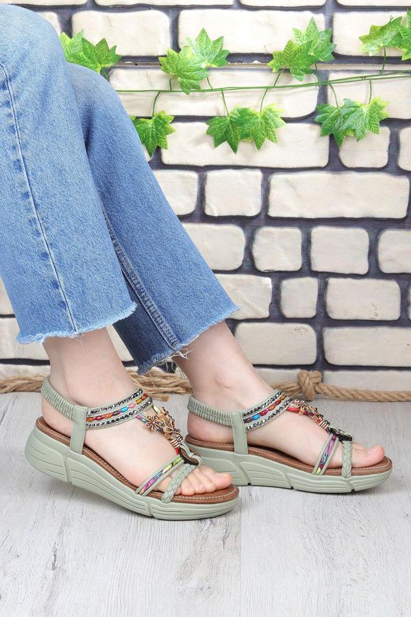 Vojo Bead Rahat Boncuk Taş Detaylı Lastikli Kadın Sandalet - Image 1