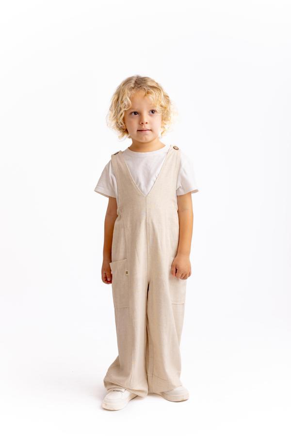 Unisex V Yaka Paça Lastikli Keten Salopet Naturel - Image 1