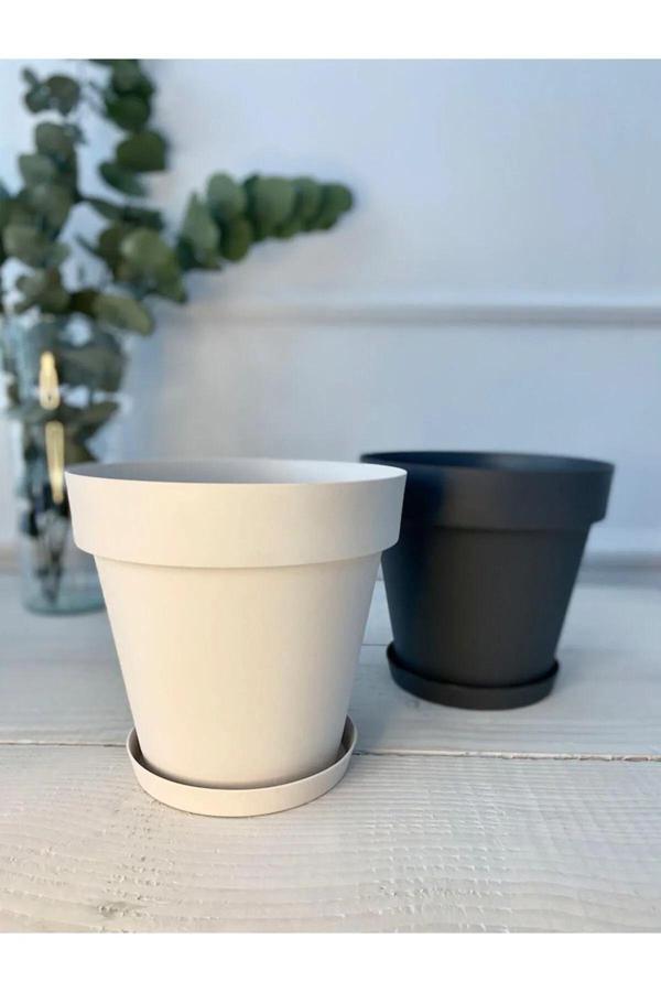 Bidünya 6 Litre Mat Kırık Beyaz Tabaklı Izgaralı Dekoratif Plastik Yalı Saksı No4 24X22 Cm - Image 1