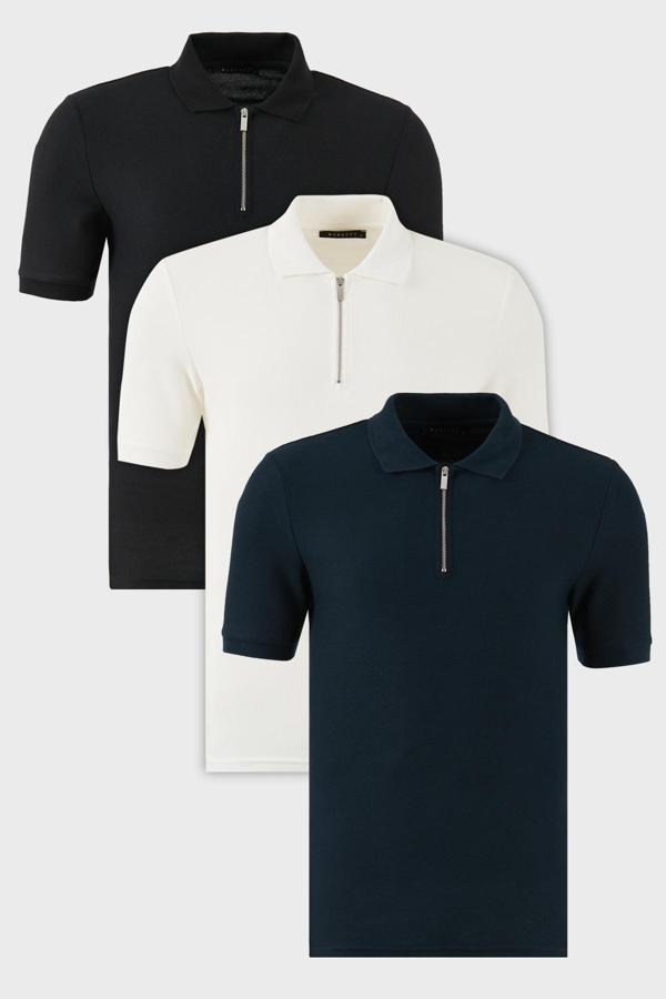 Buratti Pamuklu Regular Fit Yarım Fermuarlı 3'lü Paket Erkek Polo Yaka T Shirt 5902434S3 Siyah-Ekru-İndigo - Image 1
