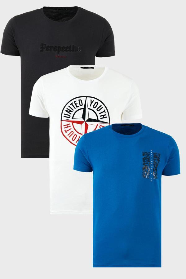 Buratti Pamuklu Slim Fit Bisiklet Yaka Baskılı 3'lü Paket Erkek T Shirt 541S31 Beyaz-Parlıament-Koyu Antrasit - Image 1