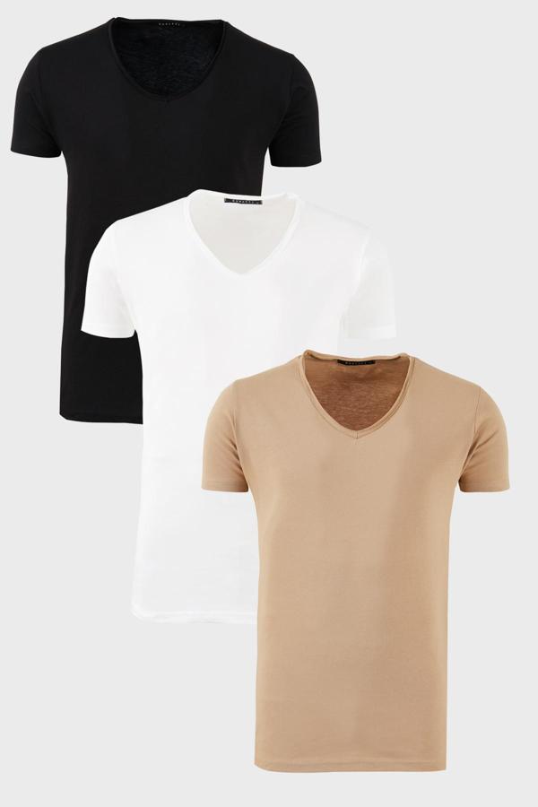 Buratti Pamuklu Slim Fit Bisiklet Yaka Baskılı 3'lü Paket Erkek T Shirt 541S31 Siyah-Beyaz-Vizon - Image 1