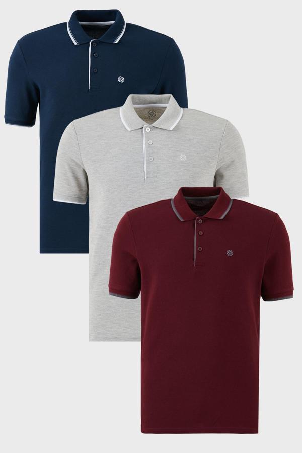 Buratti Pamuklu Slim Fit Şerit Detaylı Düğmeli Polo Yaka 3'lü Paket Erkek T Shirt 5902118S3 Vişne-Gri Melanj-İndigo - Image 1