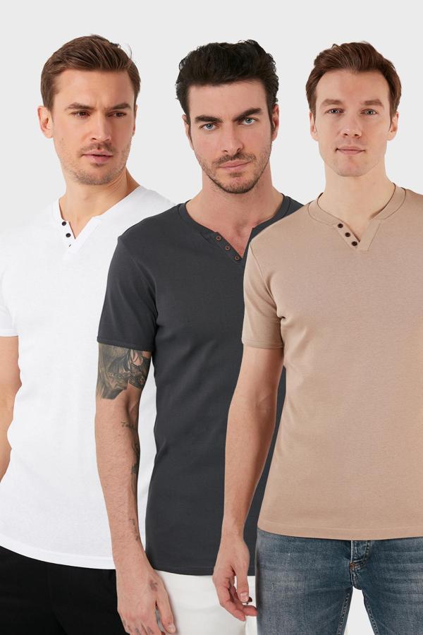 Buratti Pamuklu Düğme Detaylı Slim Fit V Yaka 3'lü Paket Erkek T Shirt 5902122S3 Antrasit-Taş-Beyaz - Image 1