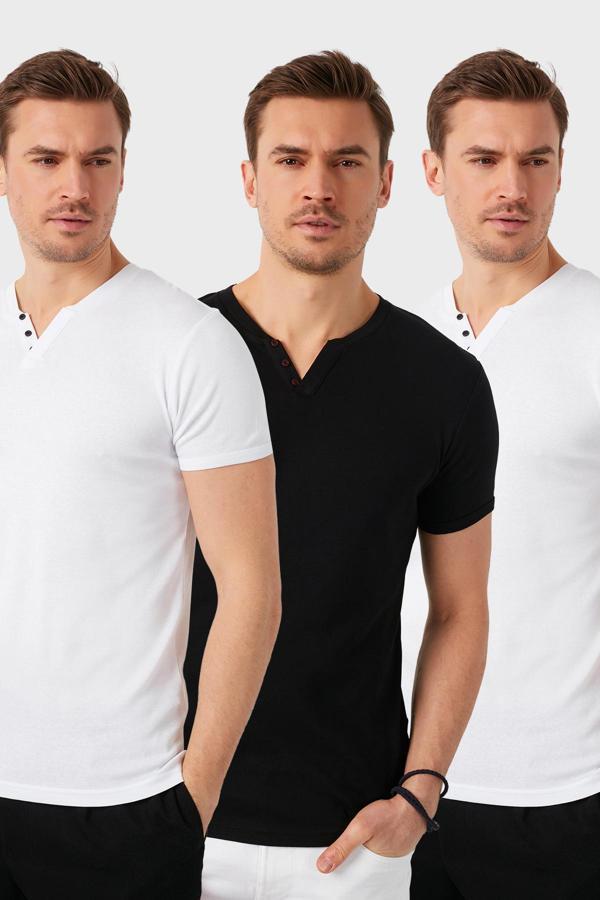 Buratti Pamuklu Düğme Detaylı Slim Fit V Yaka 3'lü Paket Erkek T Shirt 5902122S3 Siyah-Beyaz-Beyaz - Image 1