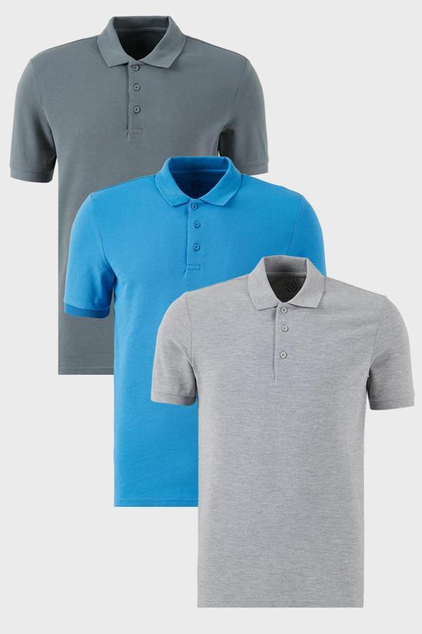 Buratti Pamuklu Regular Fit Düğmeli Polo Yaka 3'lü Paket Erkek T Shirt 5902127S3 Koyu Mavi-Açık Haki-Gri Melanj - Image 1