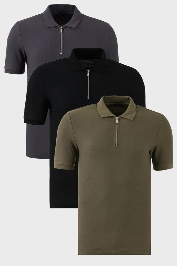 Buratti Pamuklu Regular Fit Yarım Fermuarlı 3'lü Paket Erkek Polo Yaka T Shirt 5902434S3 Siyah-Haki-Antrasit - Image 1