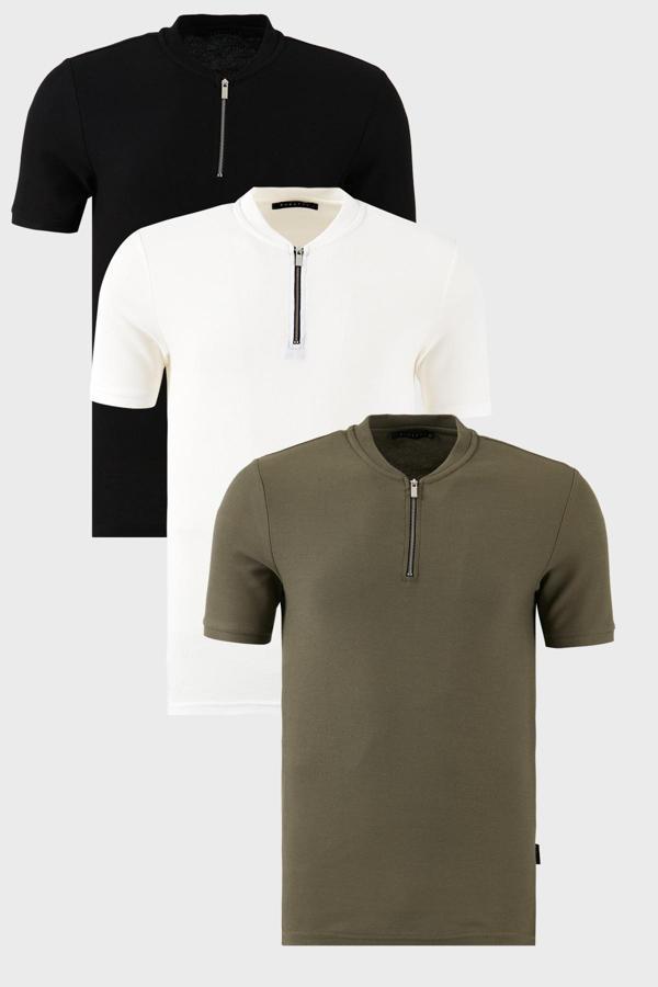 Buratti Pamuklu Regular Fit Yarım Fermuarlı Kolej Yaka 3'lü Paket Erkek T Shirt 5902653S3 SİYAH-BEYAZ-HAKİ - Image 1