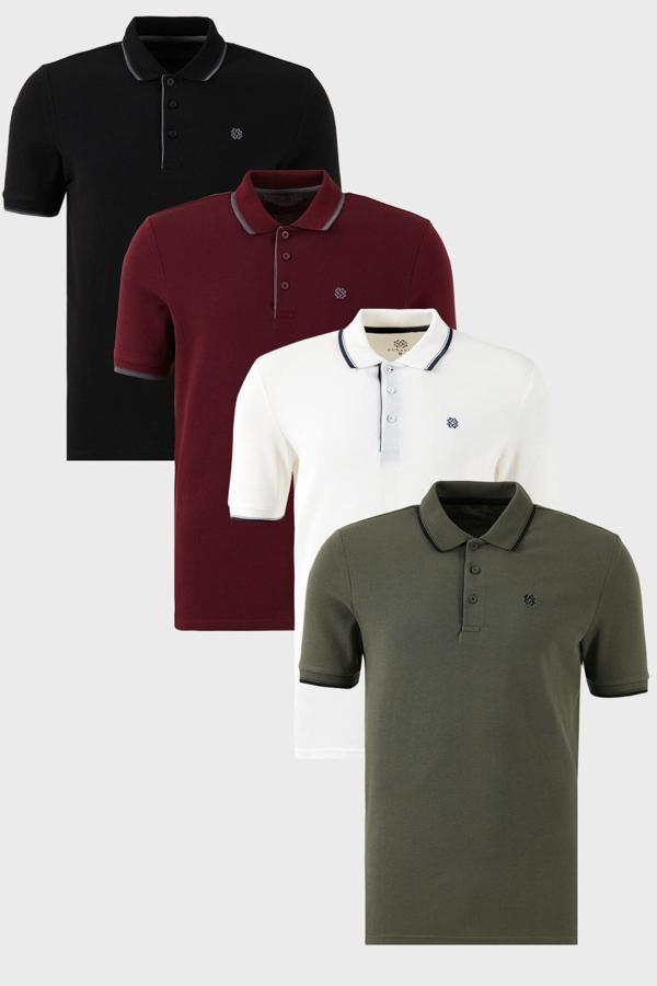 Buratti Pamuklu Slim Fit Şerit Detaylı Düğmeli Polo Yaka 4'lü Paket Erkek T Shirt 5902118S4 Siyah-Beyaz-Haki-Vişne - Image 1