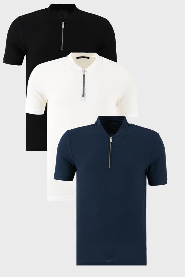 Buratti Pamuklu Regular Fit Yarım Fermuarlı Kolej Yaka 3'lü Paket Erkek T Shirt 5902653S3 Siyah-Beyaz-Lacivert - Image 1