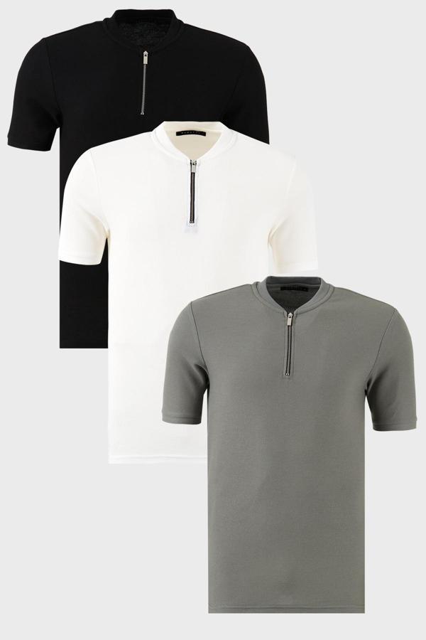 Buratti Pamuklu Regular Fit Yarım Fermuarlı Kolej Yaka 3'lü Paket Erkek T Shirt 5902653S3 Siyah-Beyaz-Açık Haki - Image 1
