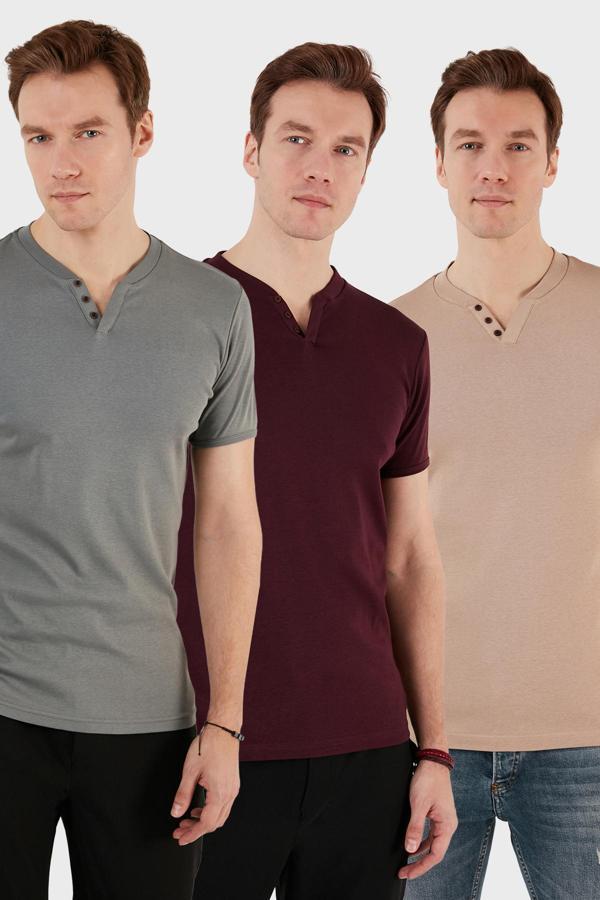 Buratti Pamuklu Düğme Detaylı Slim Fit V Yaka 3'lü Paket Erkek T Shirt 5902122S3 Vişne-Taş-Açık Haki - Image 1