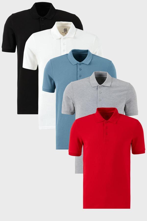 Buratti Pamuklu Regular Fit Düğmeli Polo Yaka 5'li Paket Erkek T Shirt 5902127S5 Siyah-Beyaz-Kırmızı-Gri Melanj-Mavi - Image 1