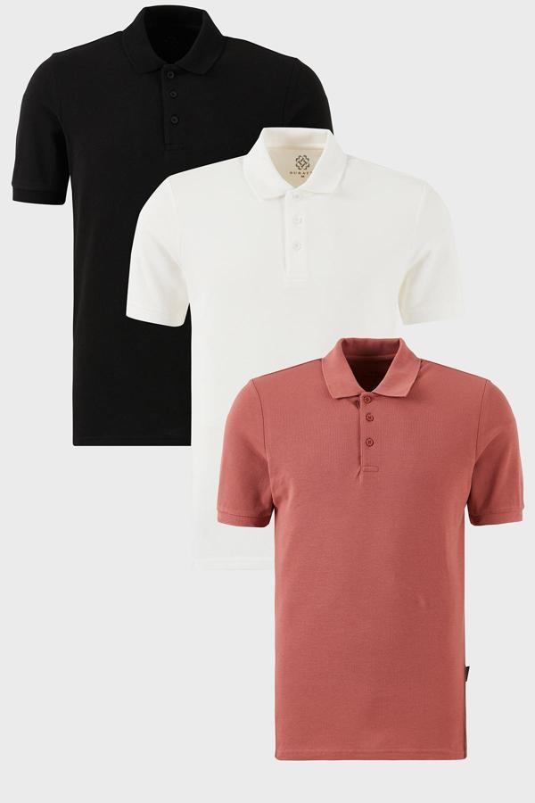Buratti Pamuklu Regular Fit Düğmeli Polo Yaka 3'lü Paket Erkek T Shirt 5902127S3 Siyah-Beyaz-Gül - Image 1