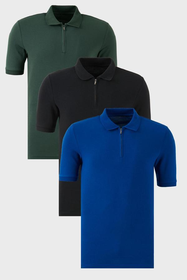 Buratti Pamuklu Regular Fit Yarım Fermuarlı 3'lü Paket Erkek Polo Yaka T Shirt 5903008S3 Siyah-Nefti-Saks - Image 1