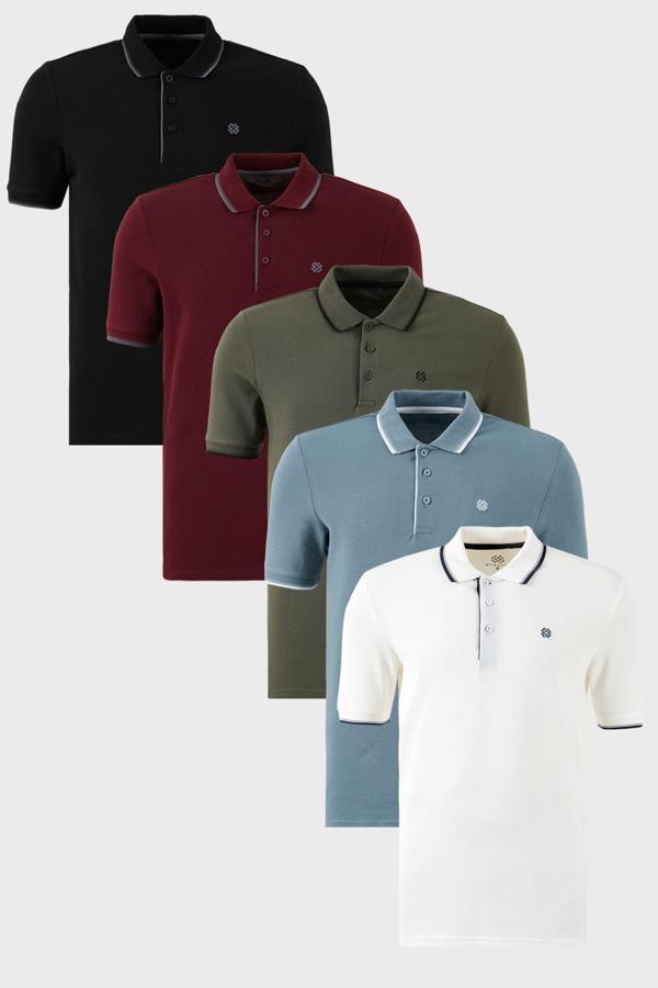 Buratti Pamuklu Slim Fit Şerit Detaylı Düğmeli Polo Yaka 5'li Paket Erkek T Shirt 5902118S5 Siyah-Beyaz-Mavi-Haki-Vişne - Image 1