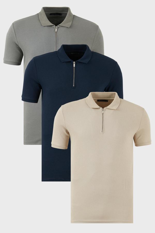 Buratti Pamuklu Regular Fit Yarım Fermuarlı 3'lü Paket Erkek Polo Yaka T Shirt 5902738S3 Vizon-Açık Haki-İndigo - Image 1